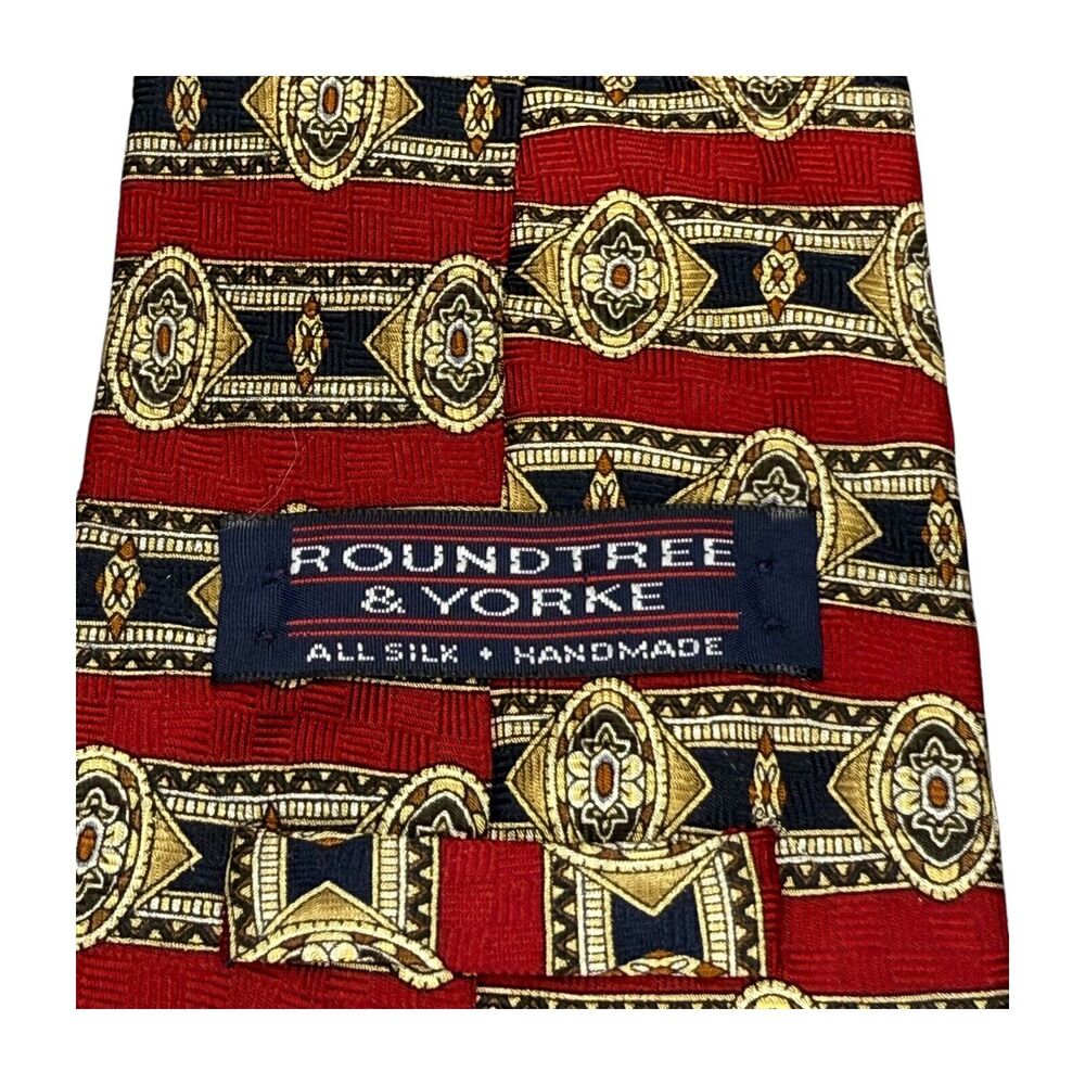Roundtree & Yorke Mens Necktie 100% Silk Red Medallion Striped Formal 30" Length - Picture 3 of 7